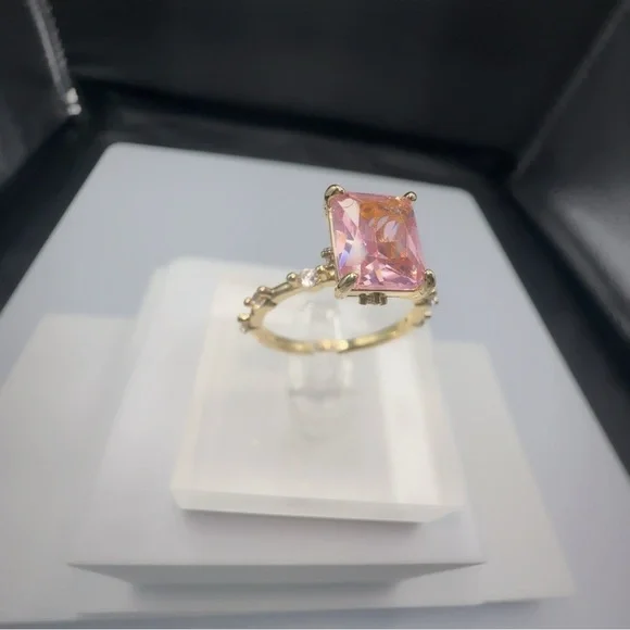 Princess Cut Pink CZ Ring Gold Plated Brass Size 6 - Picture 10 of 13